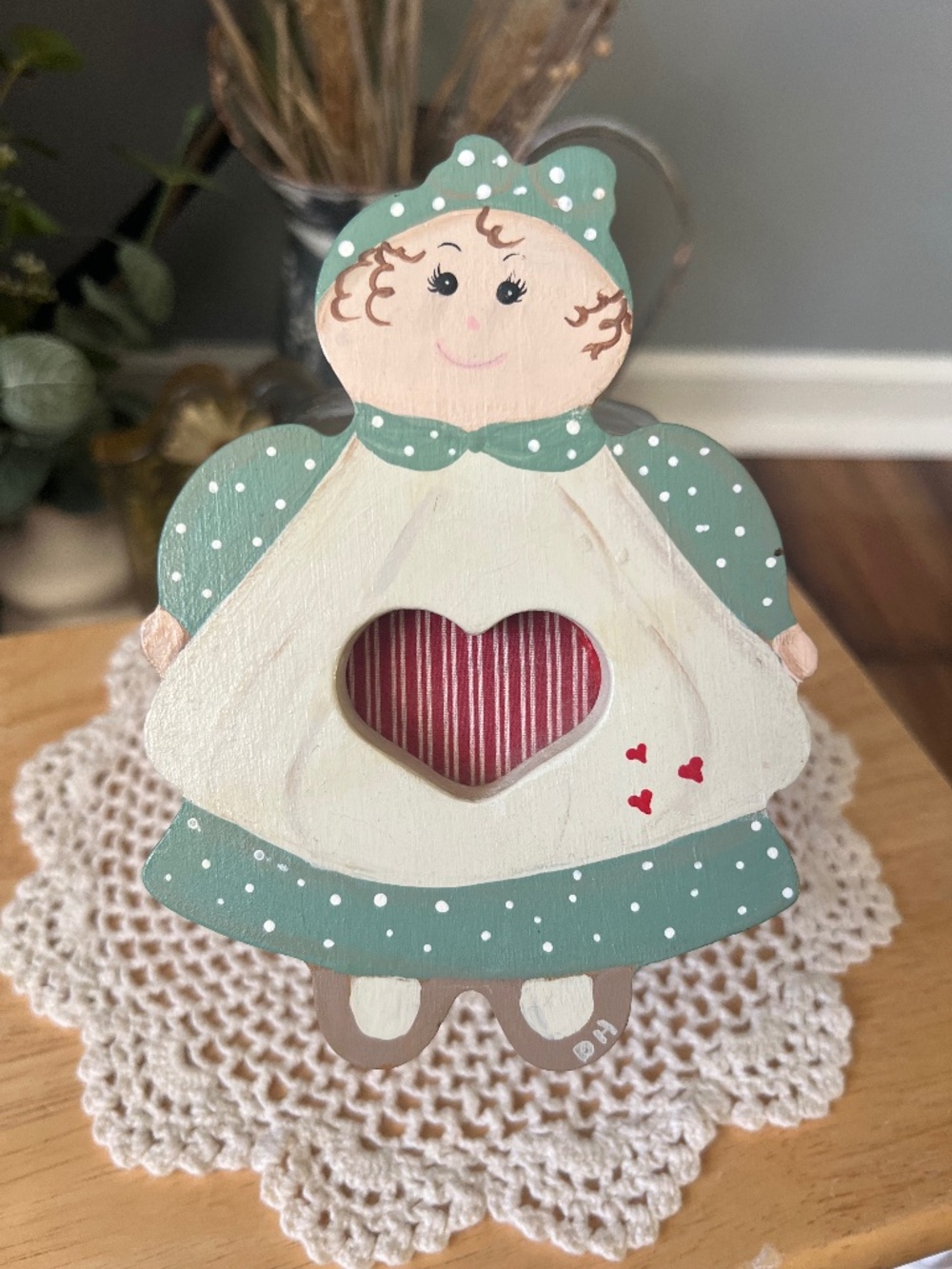 Vintage Hand-Painted Cottagecore Wooden Country Girl Cut Out Lid Cookie Jar